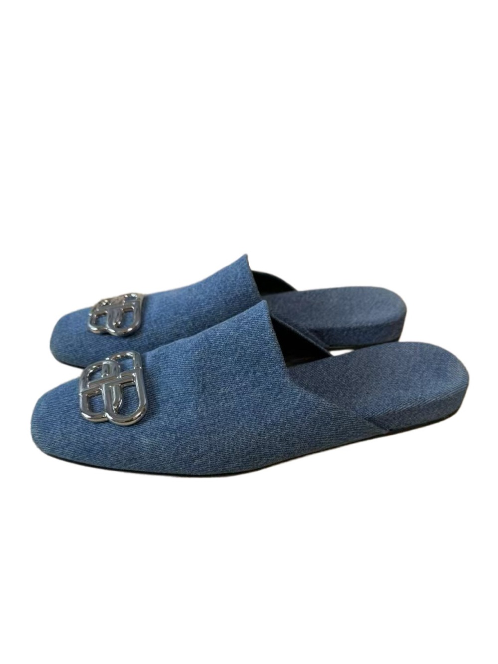 🚩steal Balenciaga Blue Denim Logo Slide Mules
